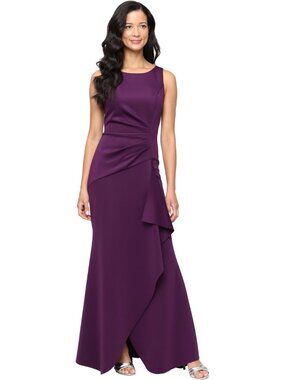 Long Sleeveless Stretch Scuba Crepe Dress Ruched Cascade Skirt, 8, Plum